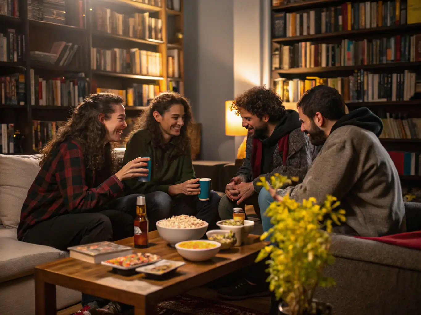 A vibrant image showcasing community members participating in a CLUB ST JO social gathering, with laughter and smiles all around, set in a cozy, inviting indoor space.