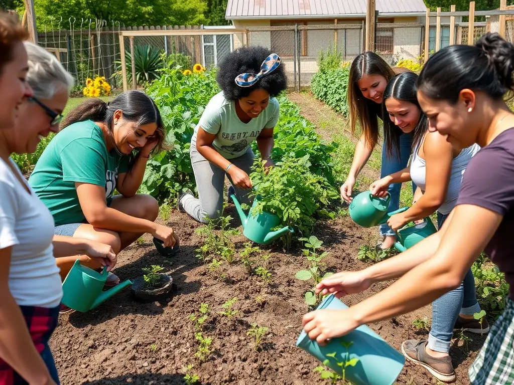 A group of diverse community members laughing and working together on a community garden project, symbolizing collaboration and shared goals.