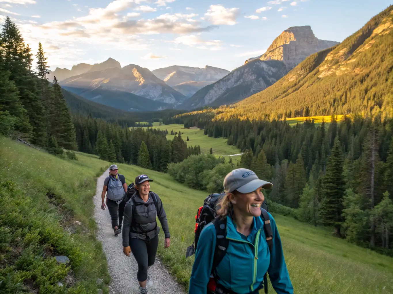 A dynamic image showing participants engaged in a CLUB ST JO recreational activity, such as a group hike in the scenic countryside, with participants smiling and enjoying the natural surroundings.
