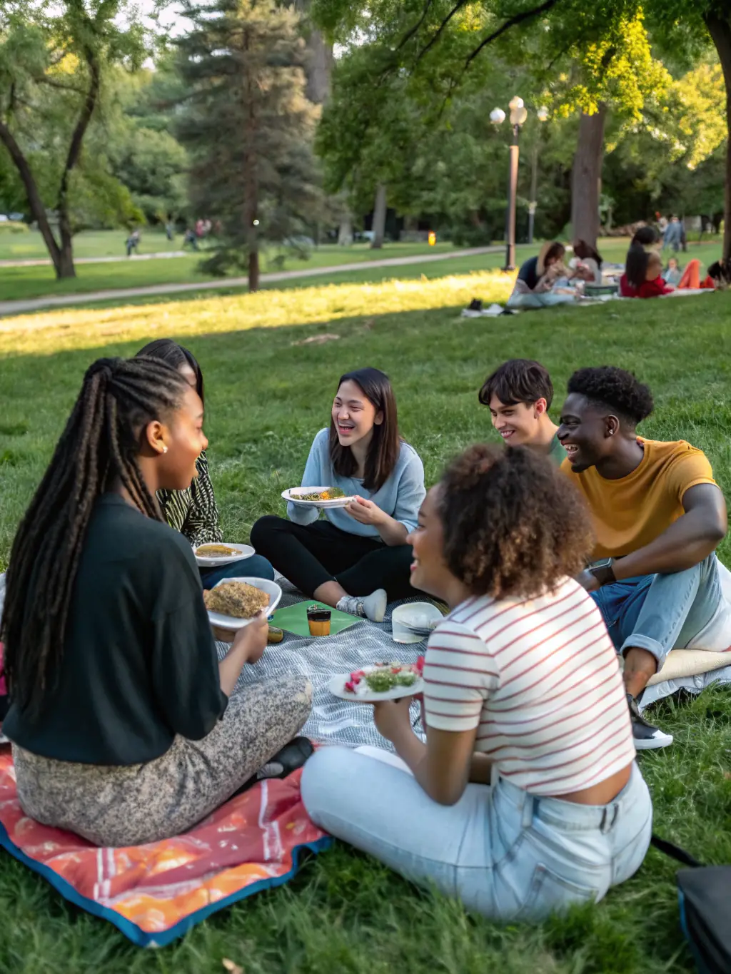 A group of diverse community members participating in a lively outdoor picnic organized by CLUB ST JO, showcasing community engagement and social interaction.