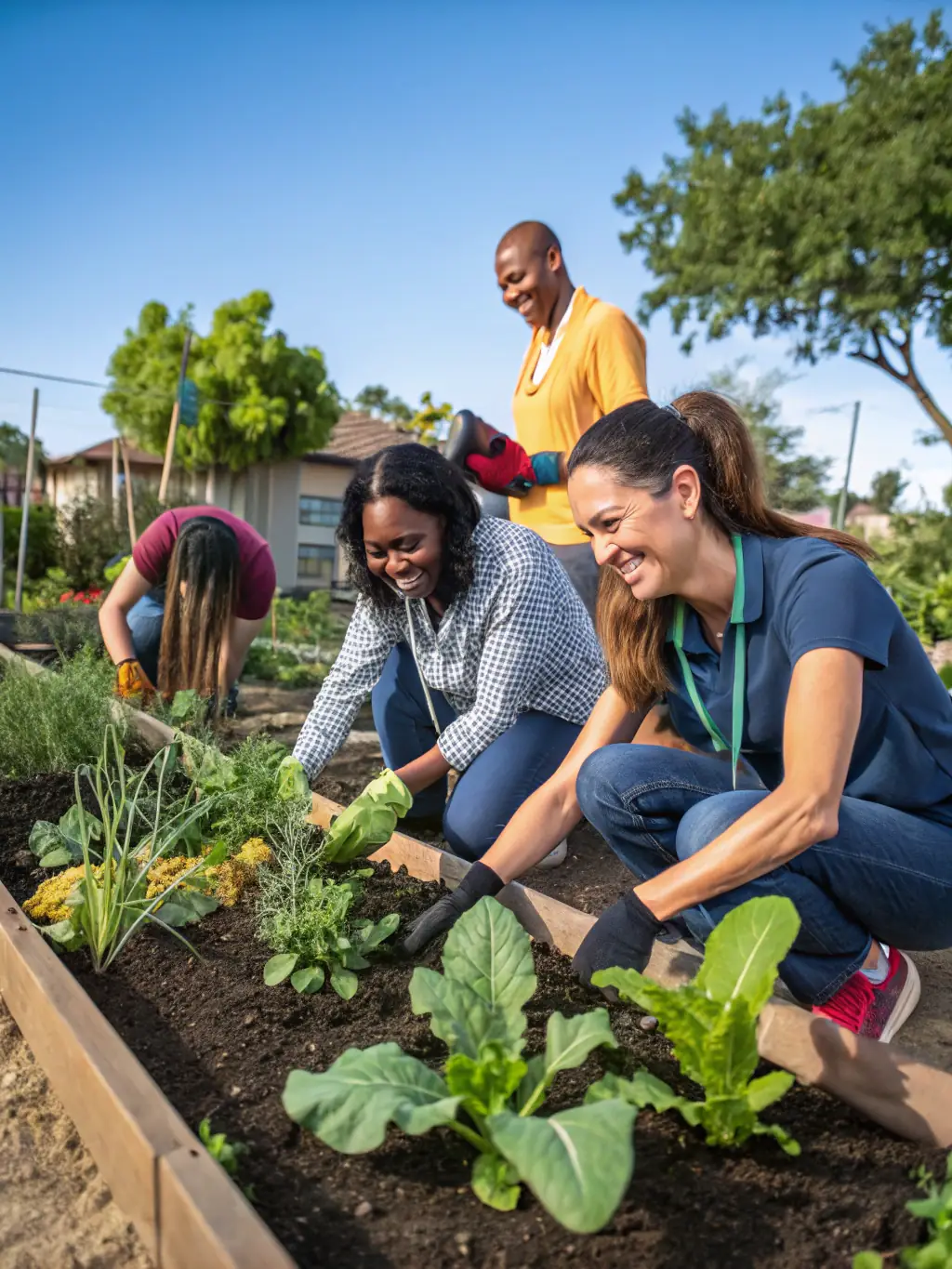 A photograph of volunteers and community members working together on a local community garden project organized by CLUB ST JO, emphasizing collaboration and environmental stewardship.