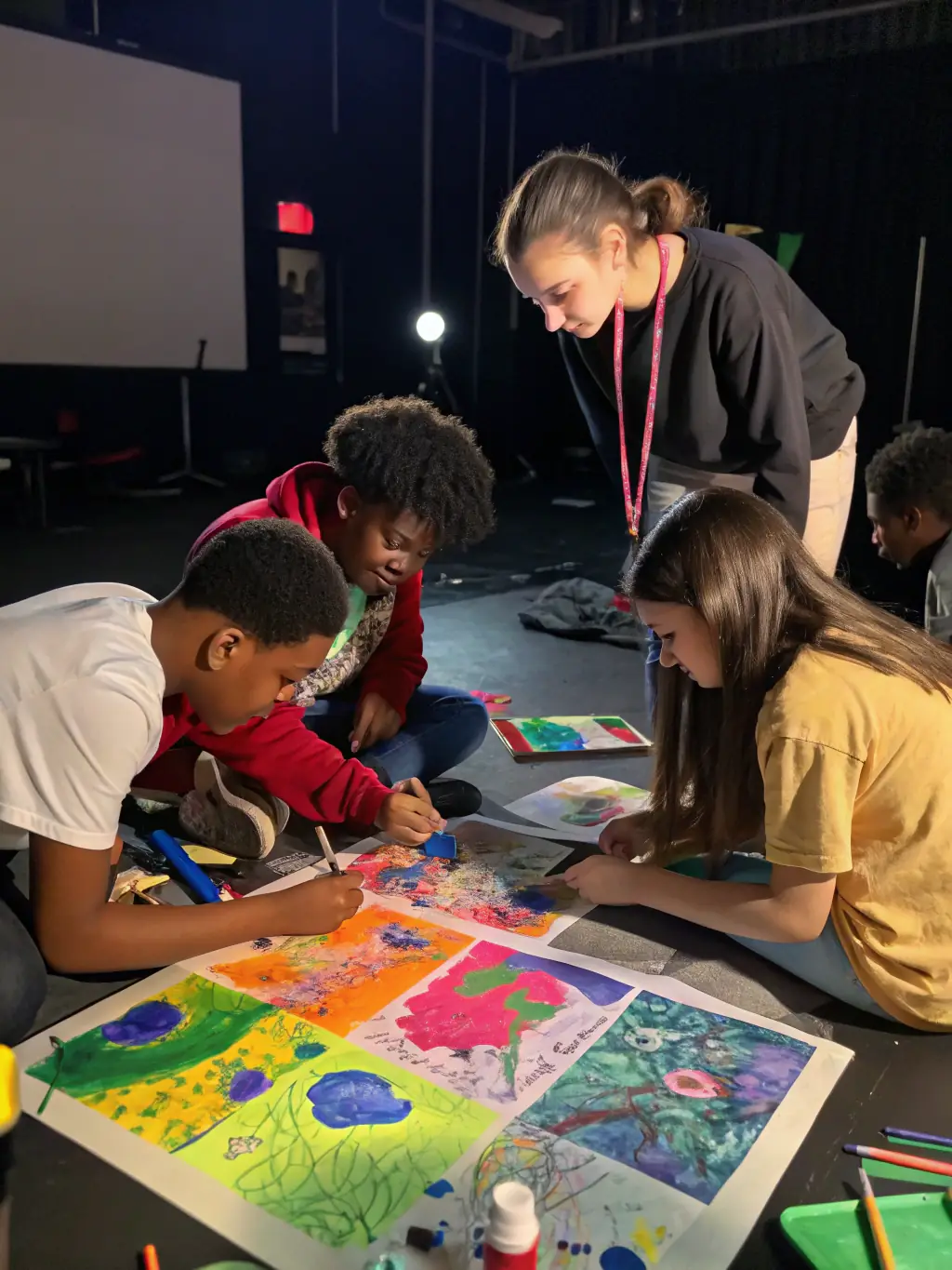 A photo of participants creating art during a CLUB ST JO art workshop, emphasizing creativity and inclusive participation.