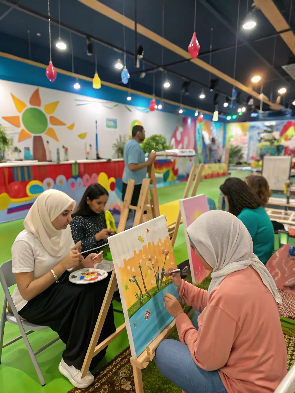 An image depicting children and adults engaged in an interactive art workshop at CLUB ST JO, emphasizing creativity and community engagement.