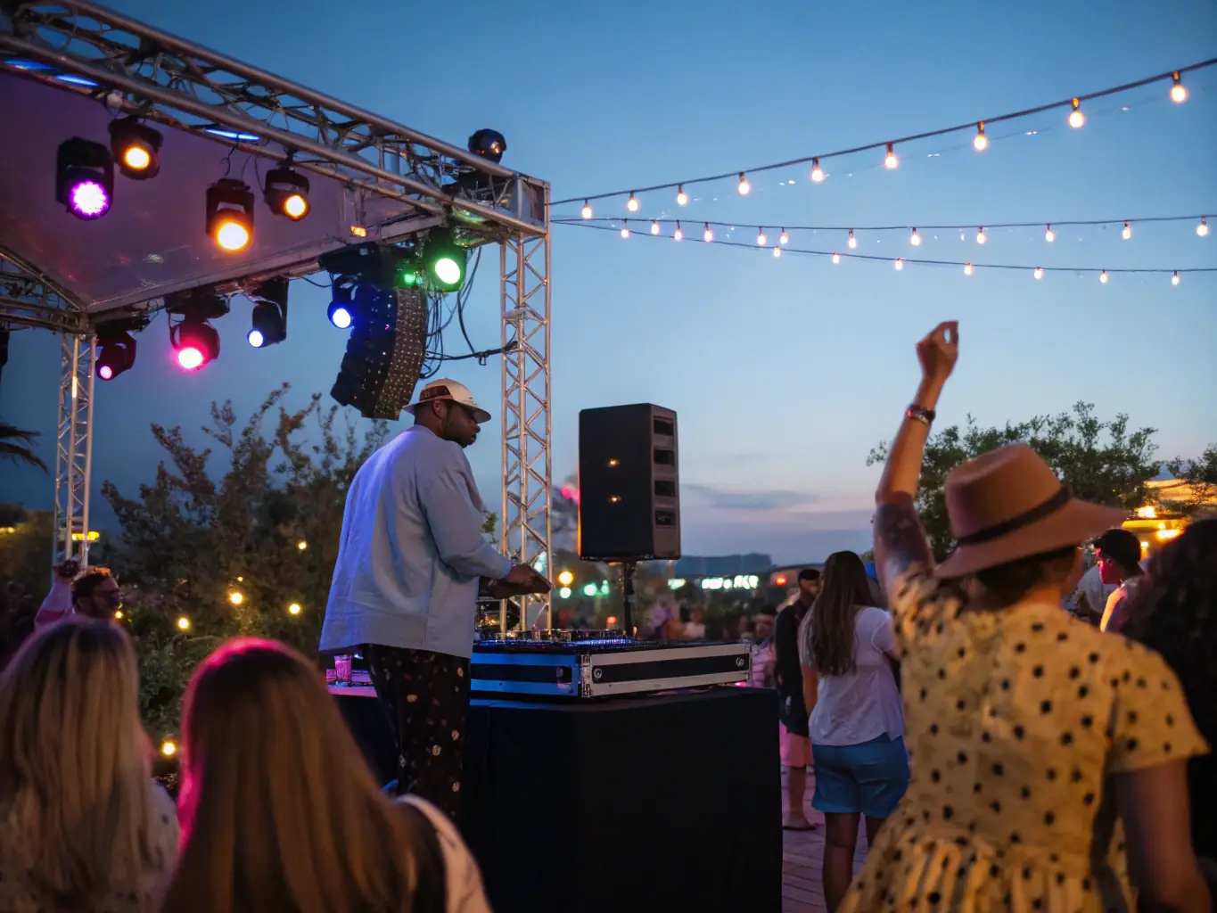 An image depicting a CLUB ST JO entertainment event, featuring a live band performing on stage, with attendees dancing and enjoying the music in a lively outdoor setting.